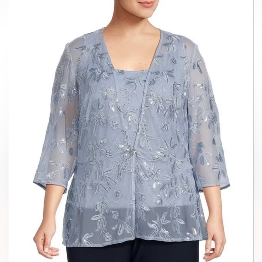 Alex Evenings Sheer Light Blue Floral Blouse3/4 long sleeve embroidered twinset